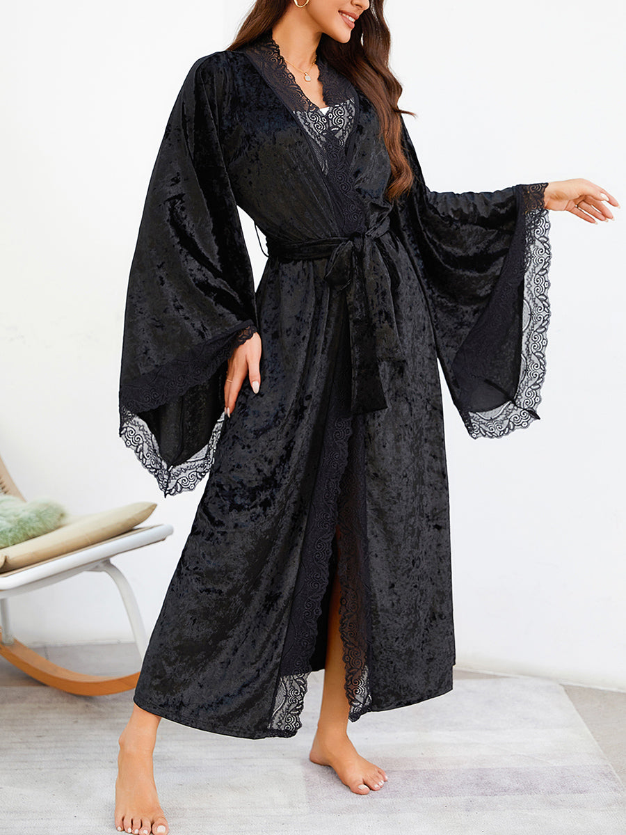 Velvet Lace Trim Long Robe with Bell Sleeves