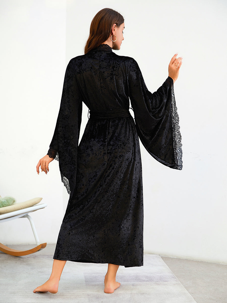 Velvet Lace Trim Long Robe with Bell Sleeves