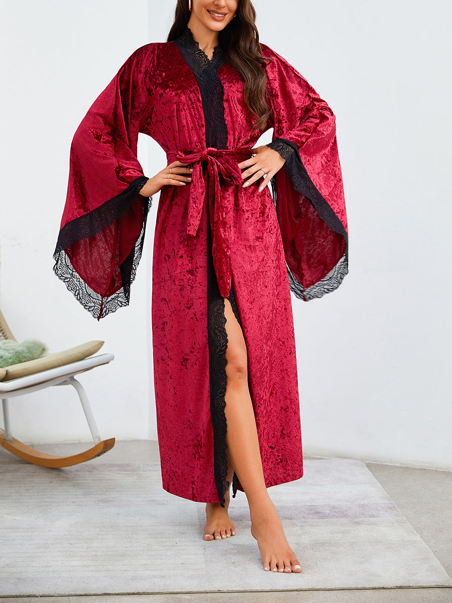 Velvet Lace Trim Long Robe with Bell Sleeves