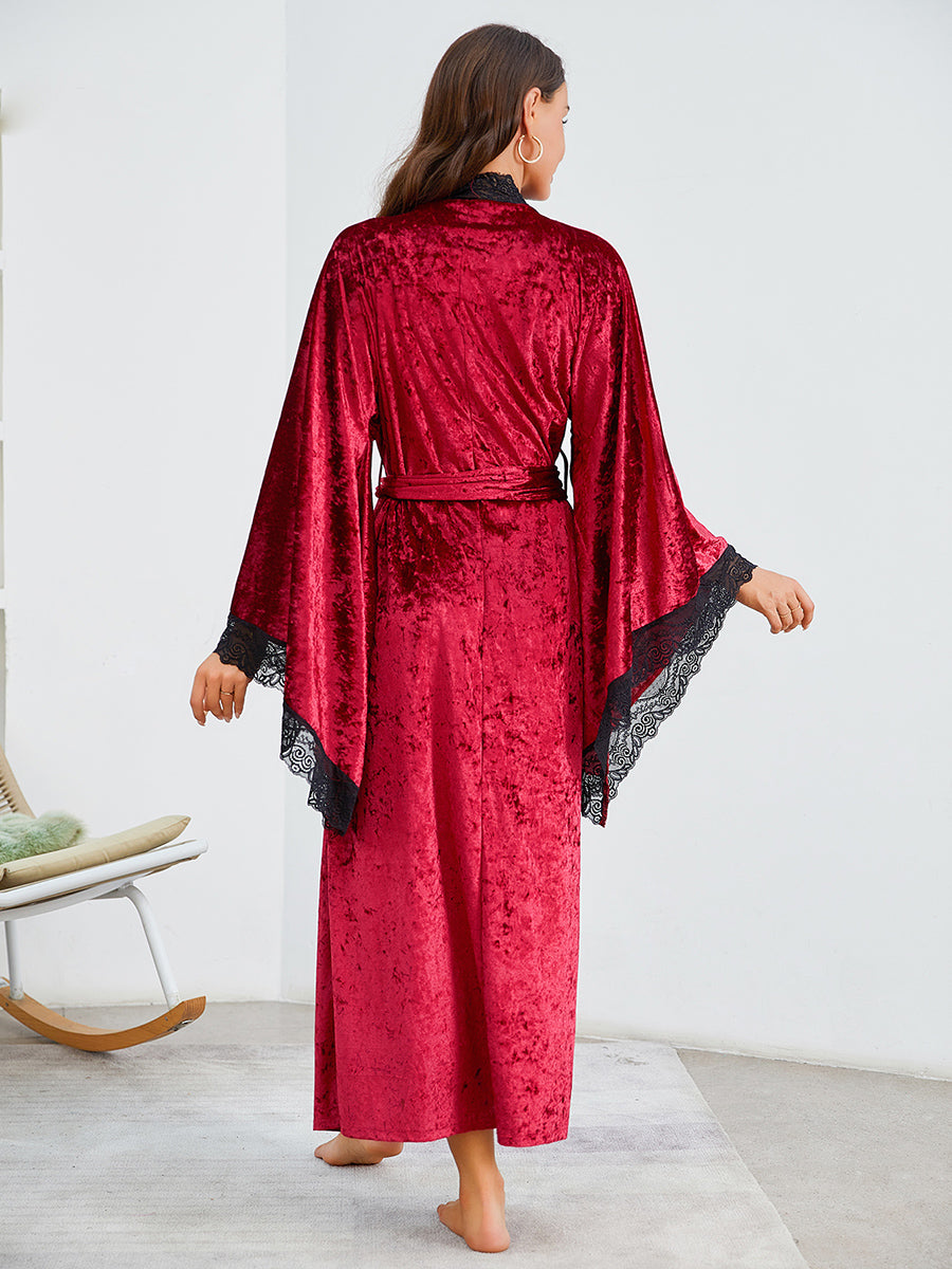 Velvet Lace Trim Long Robe with Bell Sleeves