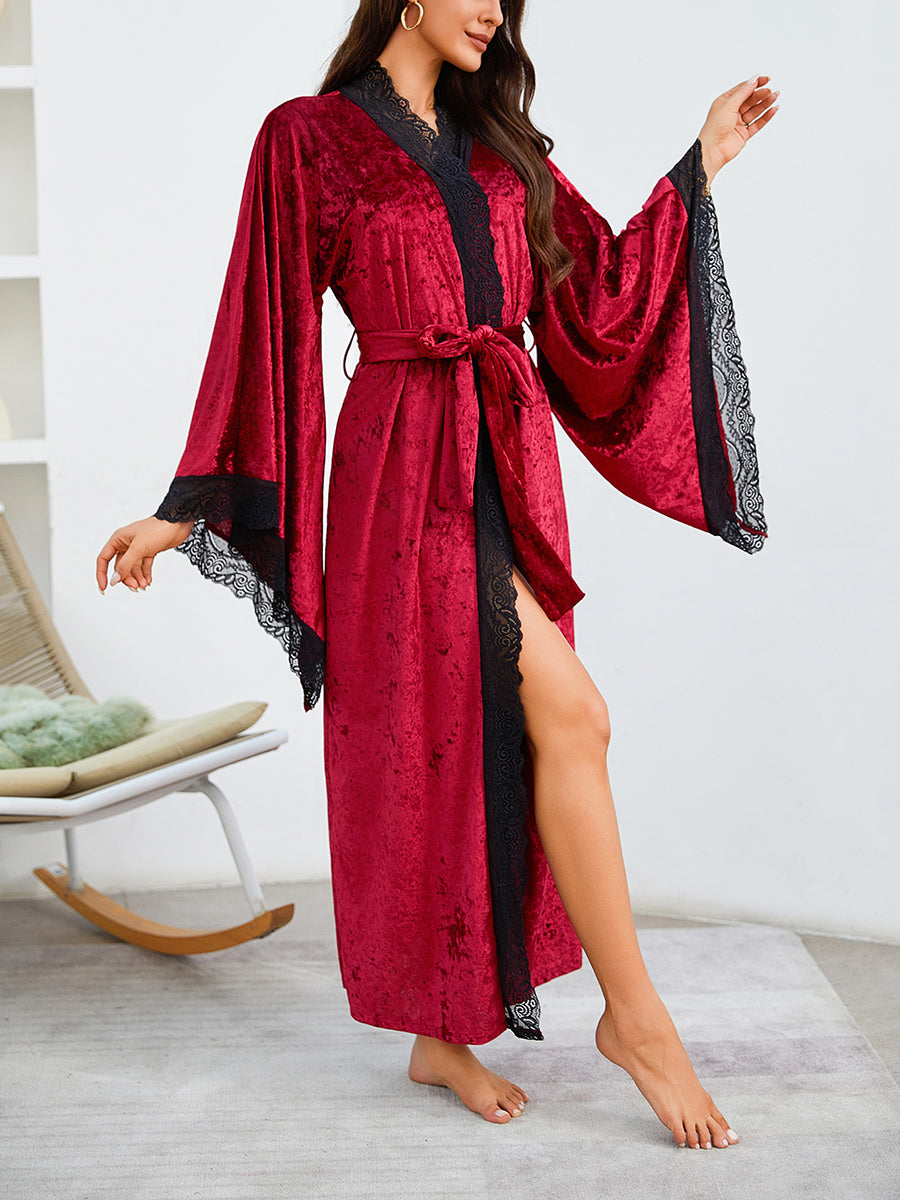 Velvet Lace Trim Long Robe with Bell Sleeves