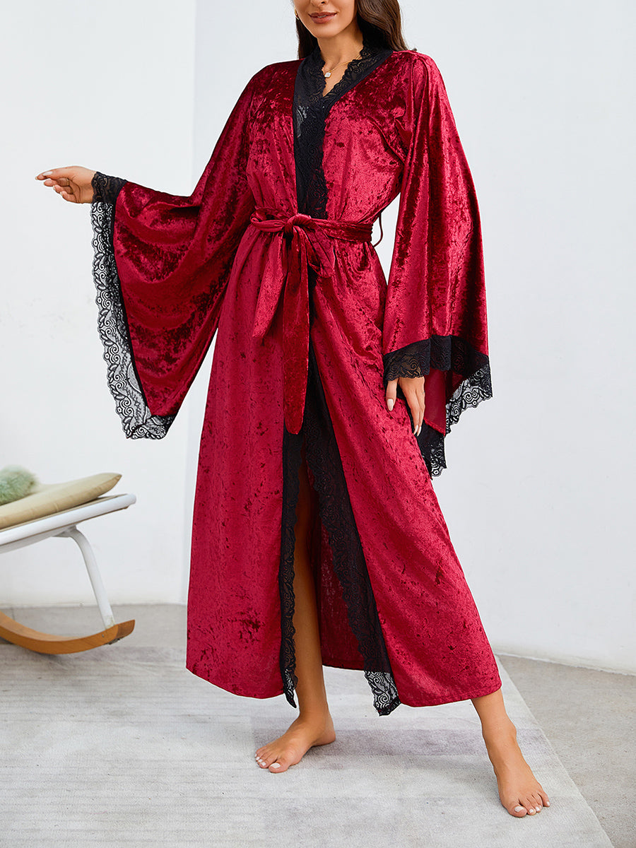 Velvet Lace Trim Long Robe with Bell Sleeves