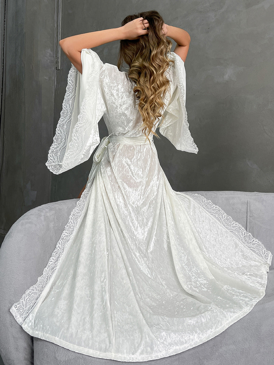 Velvet Lace Trim Long Robe with Bell Sleeves