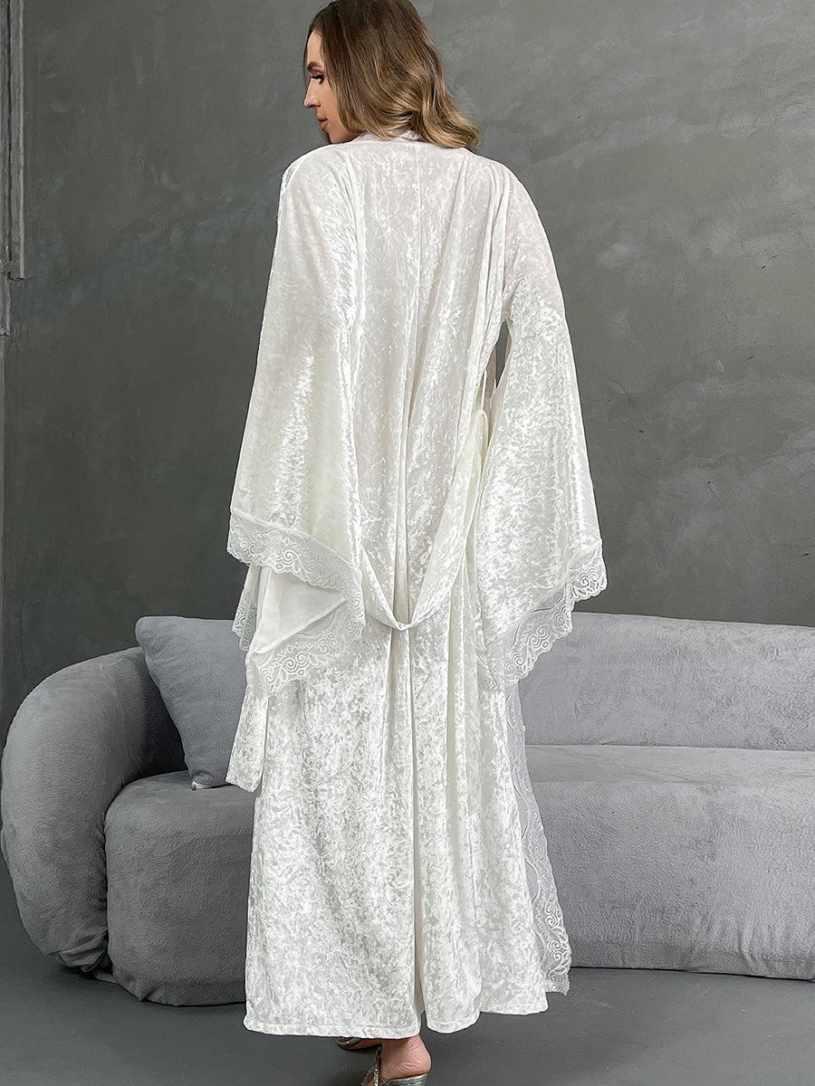 Velvet Lace Trim Long Robe with Bell Sleeves