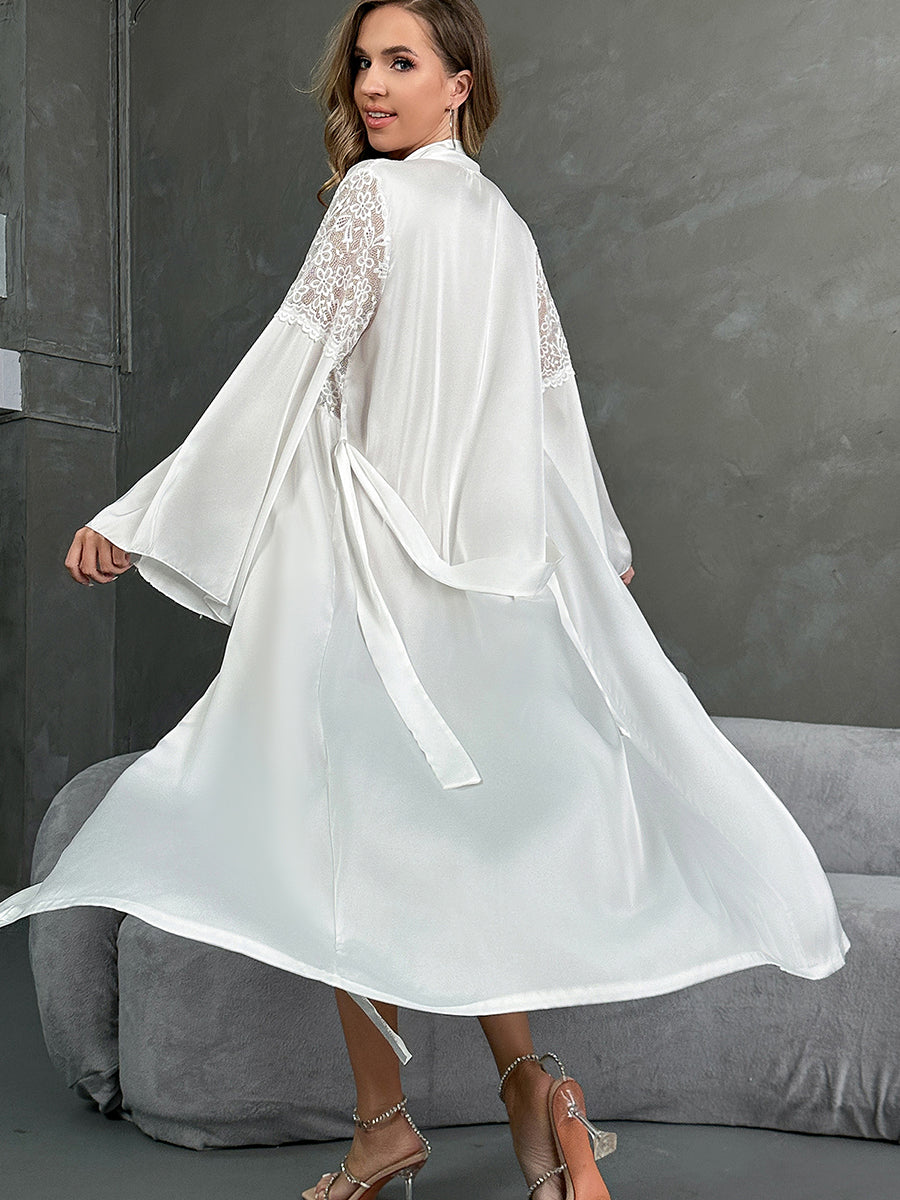 White Satin Robe with Lace Mesh Sleeves