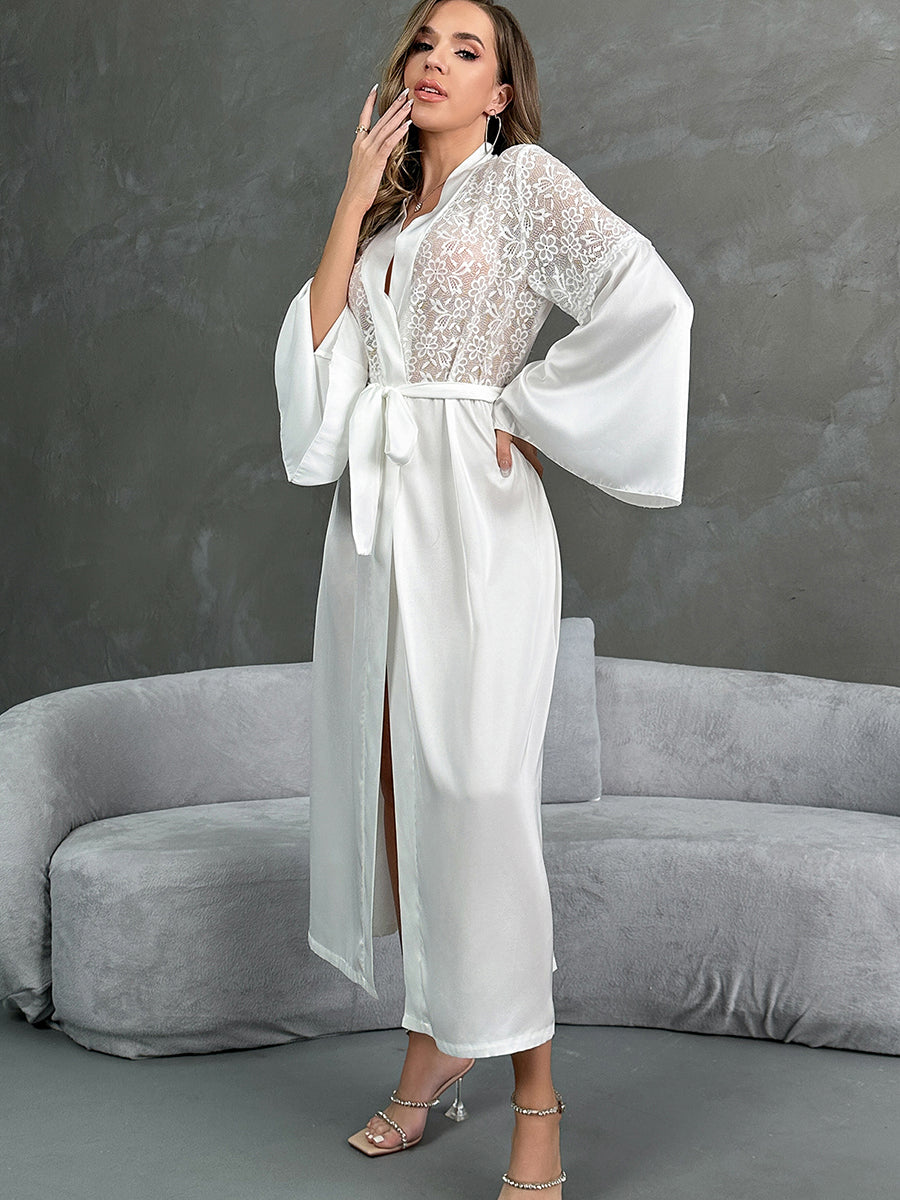 White Satin Robe with Lace Mesh Sleeves
