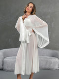 White Sheer Mesh Kimono Robe with Satin Trim