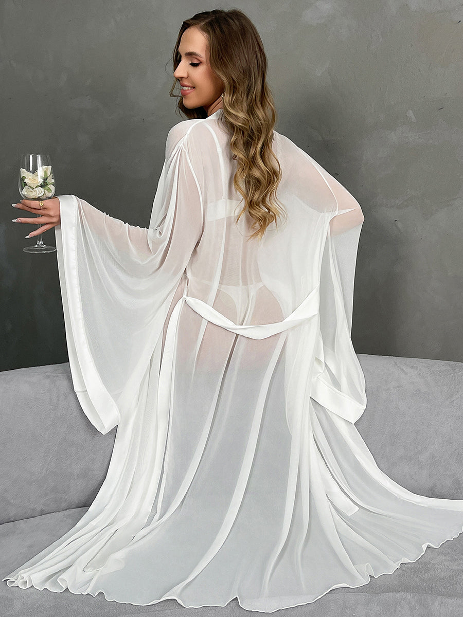 White Sheer Mesh Kimono Robe with Satin Trim