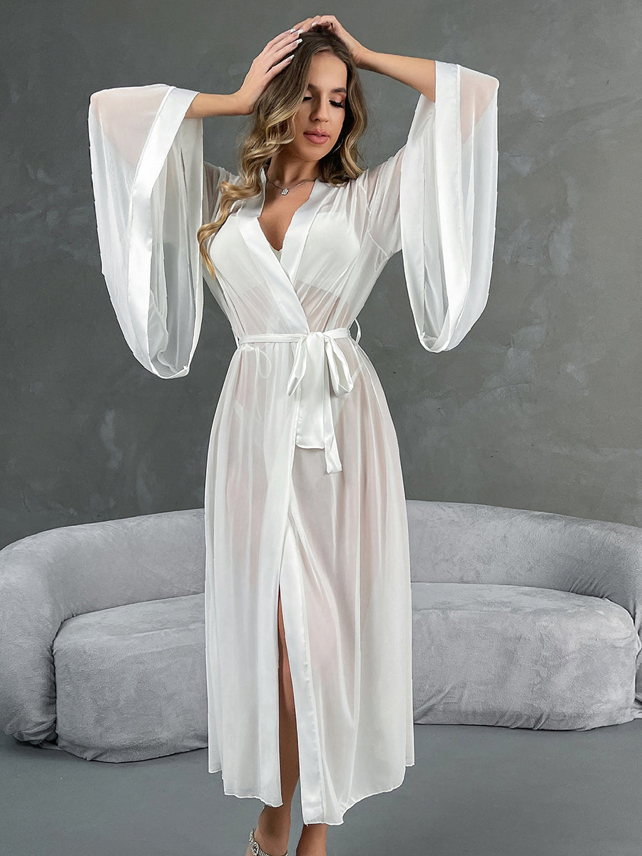 White Sheer Mesh Kimono Robe with Satin Trim