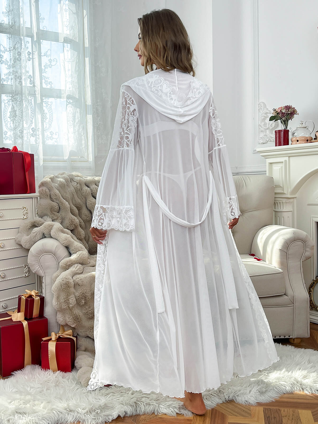 Hooded Lace Mesh Robe with Sheer Flare Sleeves