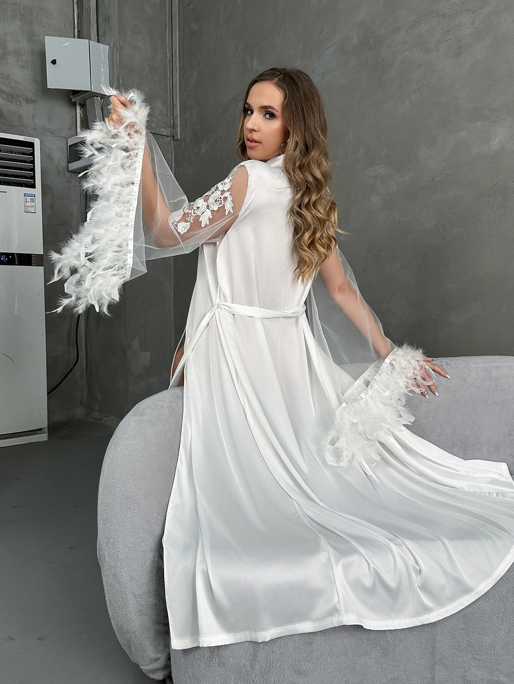 White Satin Robe with Sheer Feather Sleeves