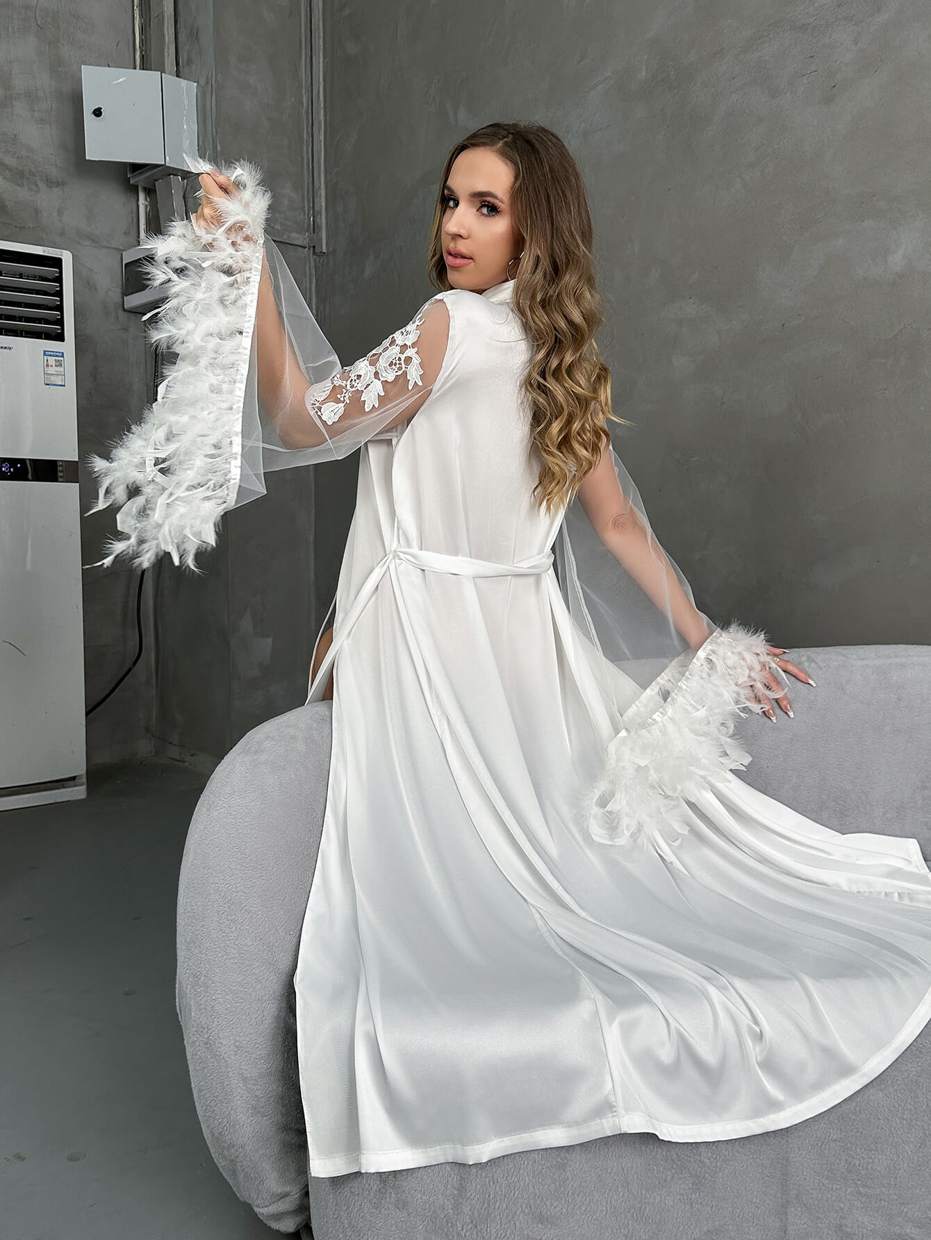 White Satin Robe with Sheer Feather Sleeves