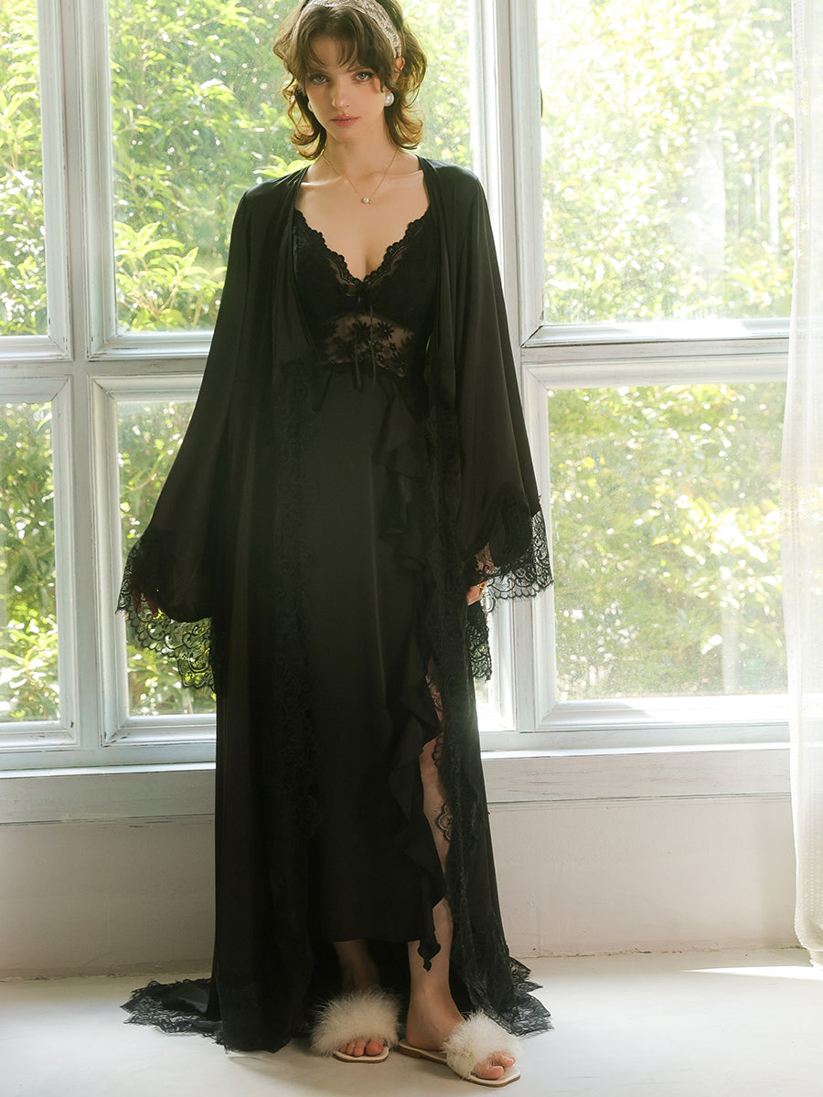 Lace Trim Long Robe with Flare Sleeves