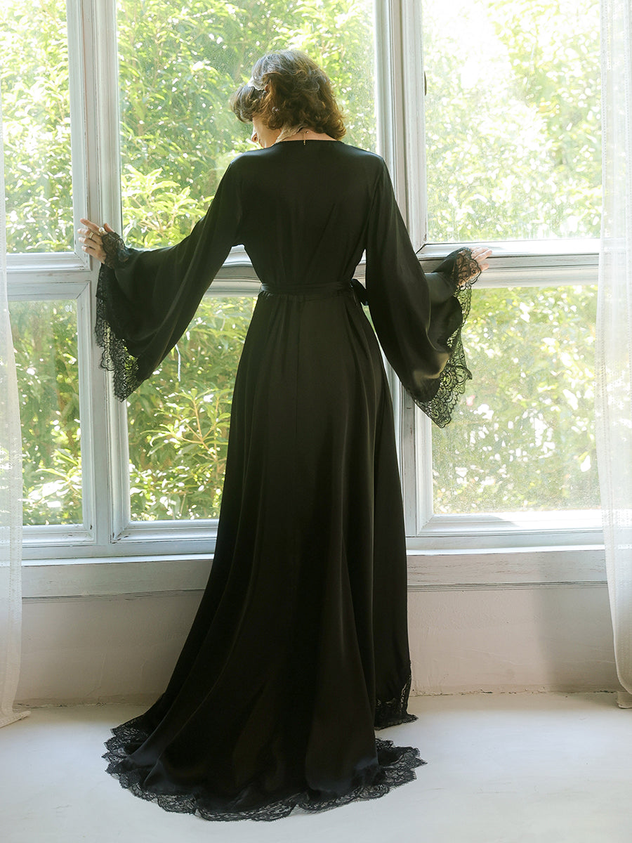 Lace Trim Long Robe with Flare Sleeves
