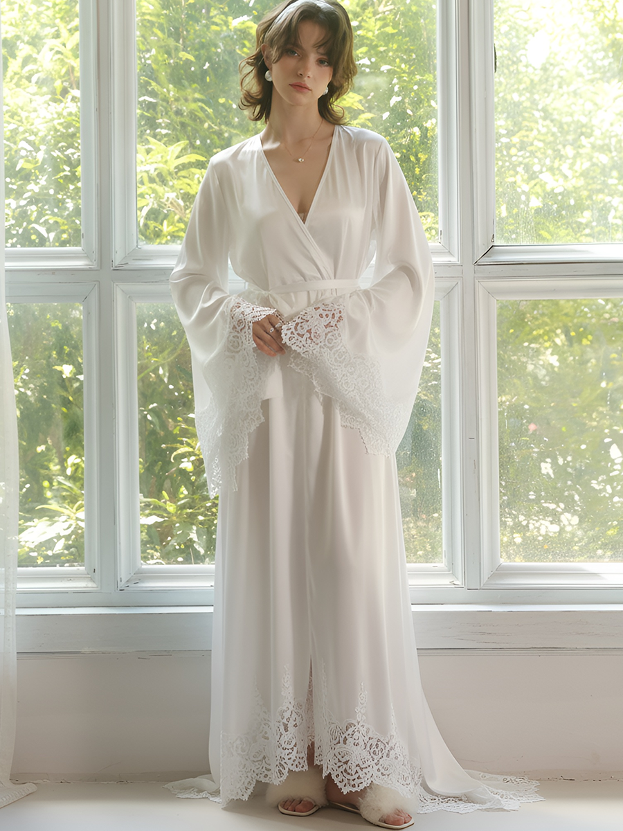 Lace Trim Long Robe with Flare Sleeves