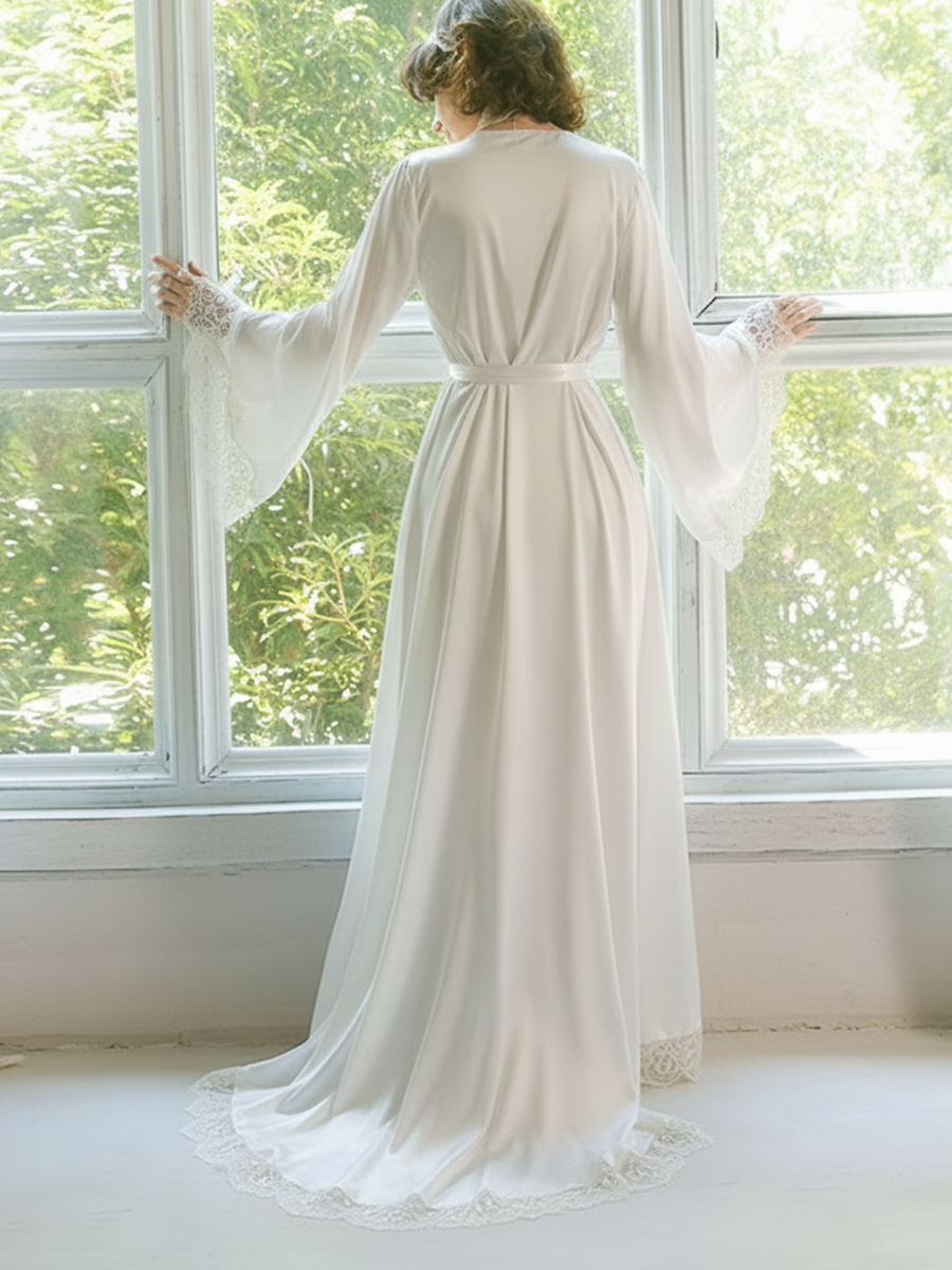 Lace Trim Long Robe with Flare Sleeves