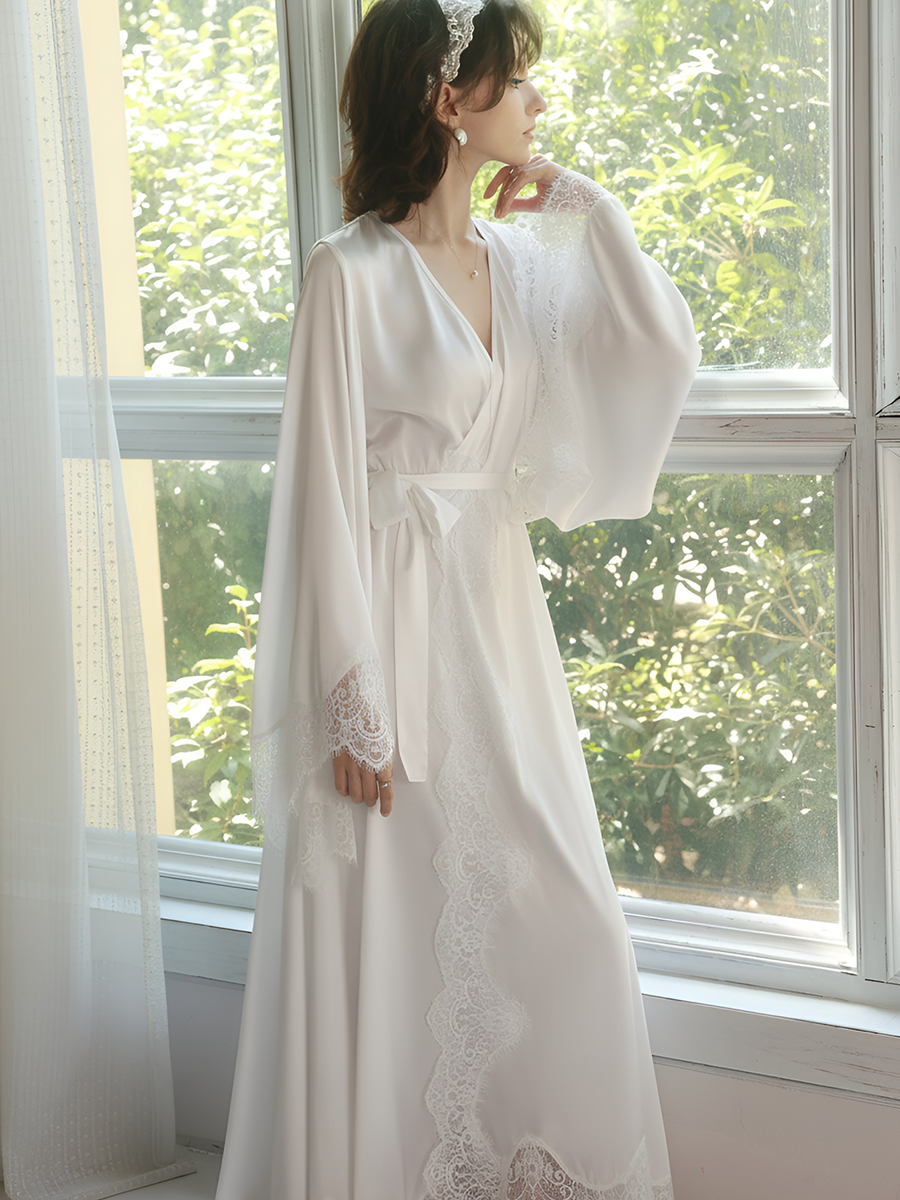 Lace Trim Long Robe with Flare Sleeves