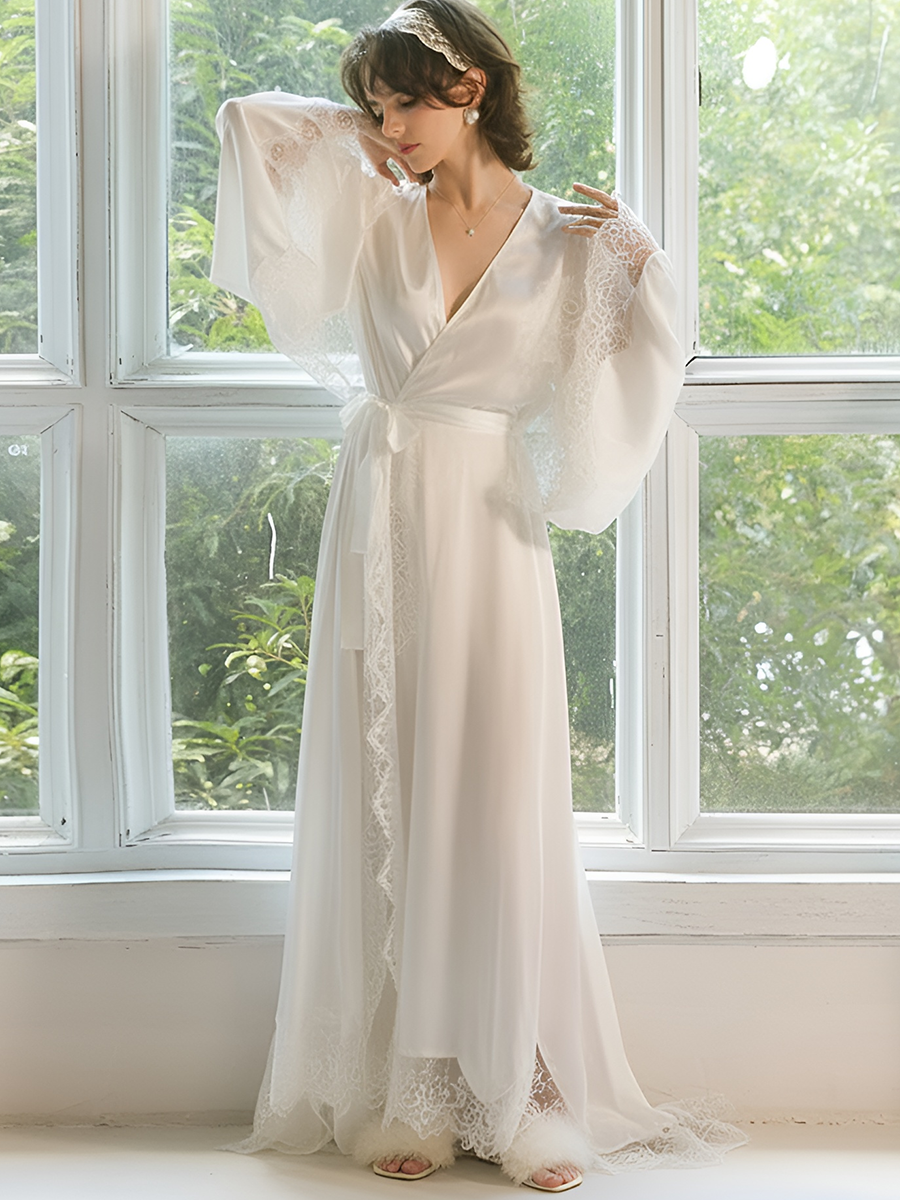 Lace Trim Long Robe with Flare Sleeves