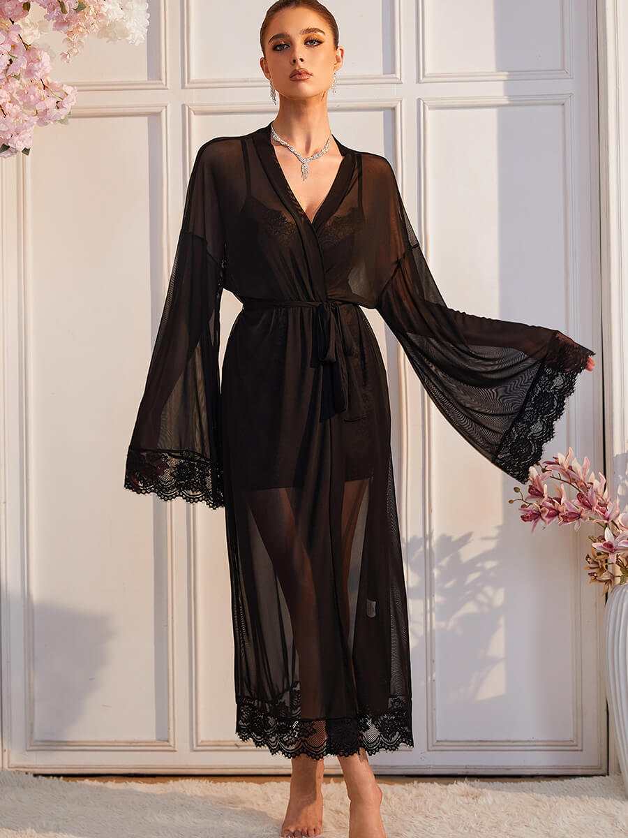 Sheer Lace Kimono Robe with Bell Sleeves