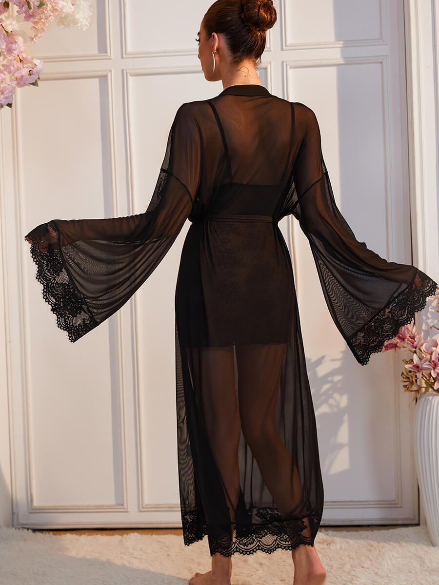 Sheer Lace Kimono Robe with Bell Sleeves