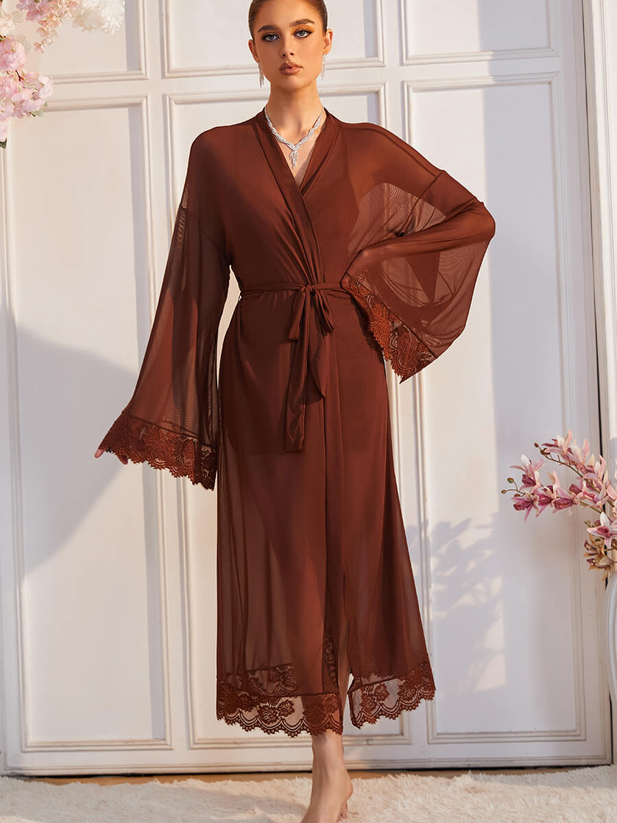 Sheer Lace Kimono Robe with Bell Sleeves