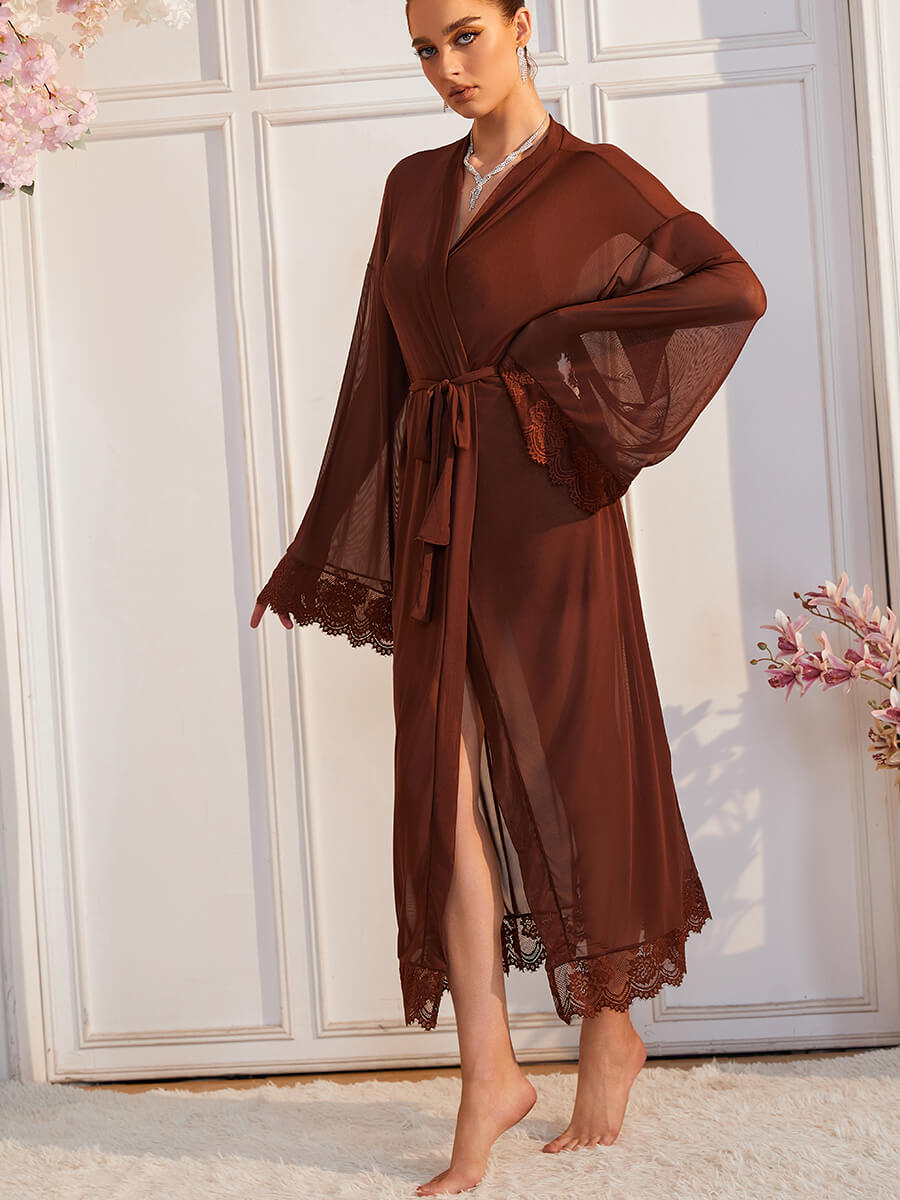 Sheer Lace Kimono Robe with Bell Sleeves