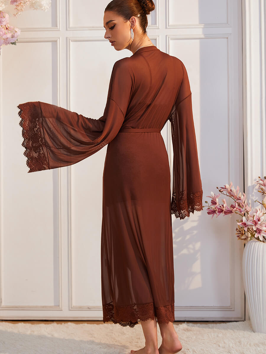 Sheer Lace Kimono Robe with Bell Sleeves