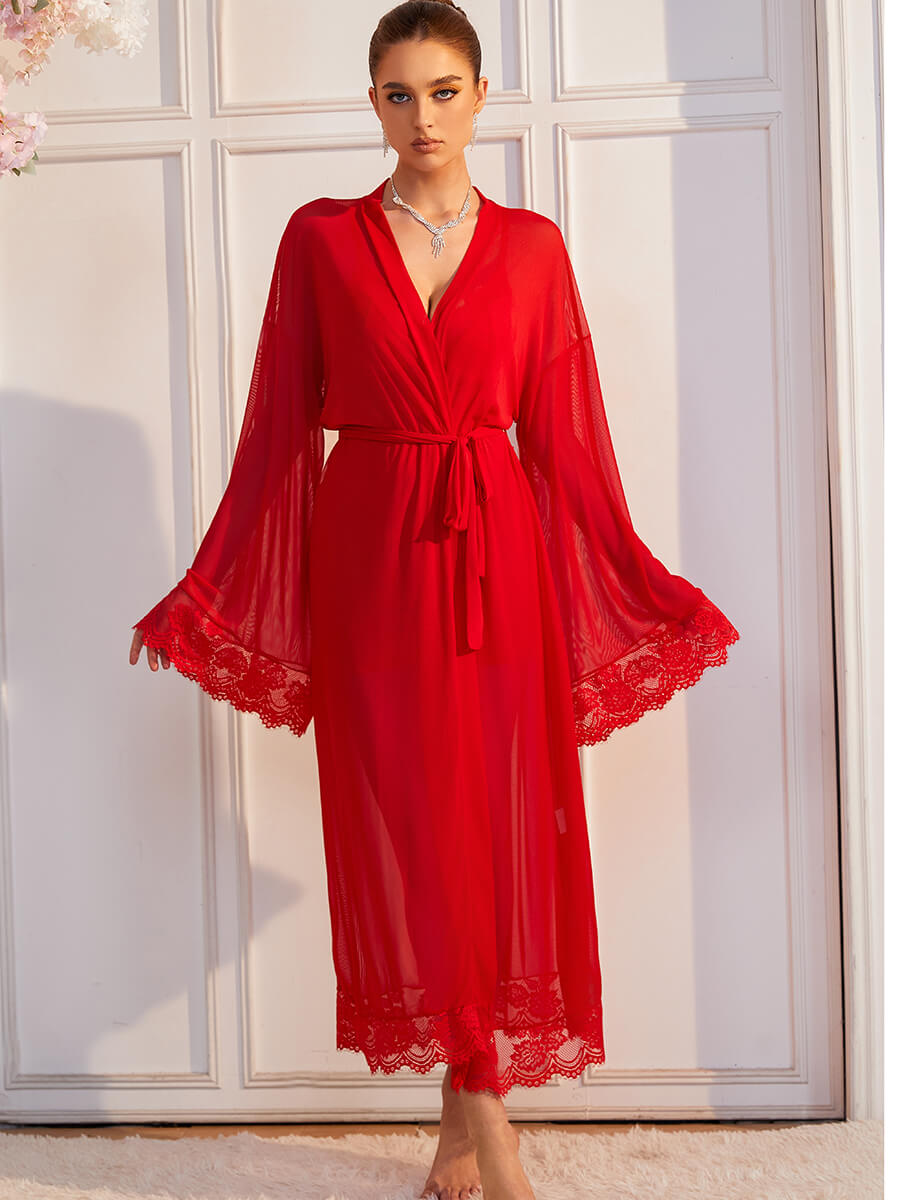 Sheer Lace Kimono Robe with Bell Sleeves