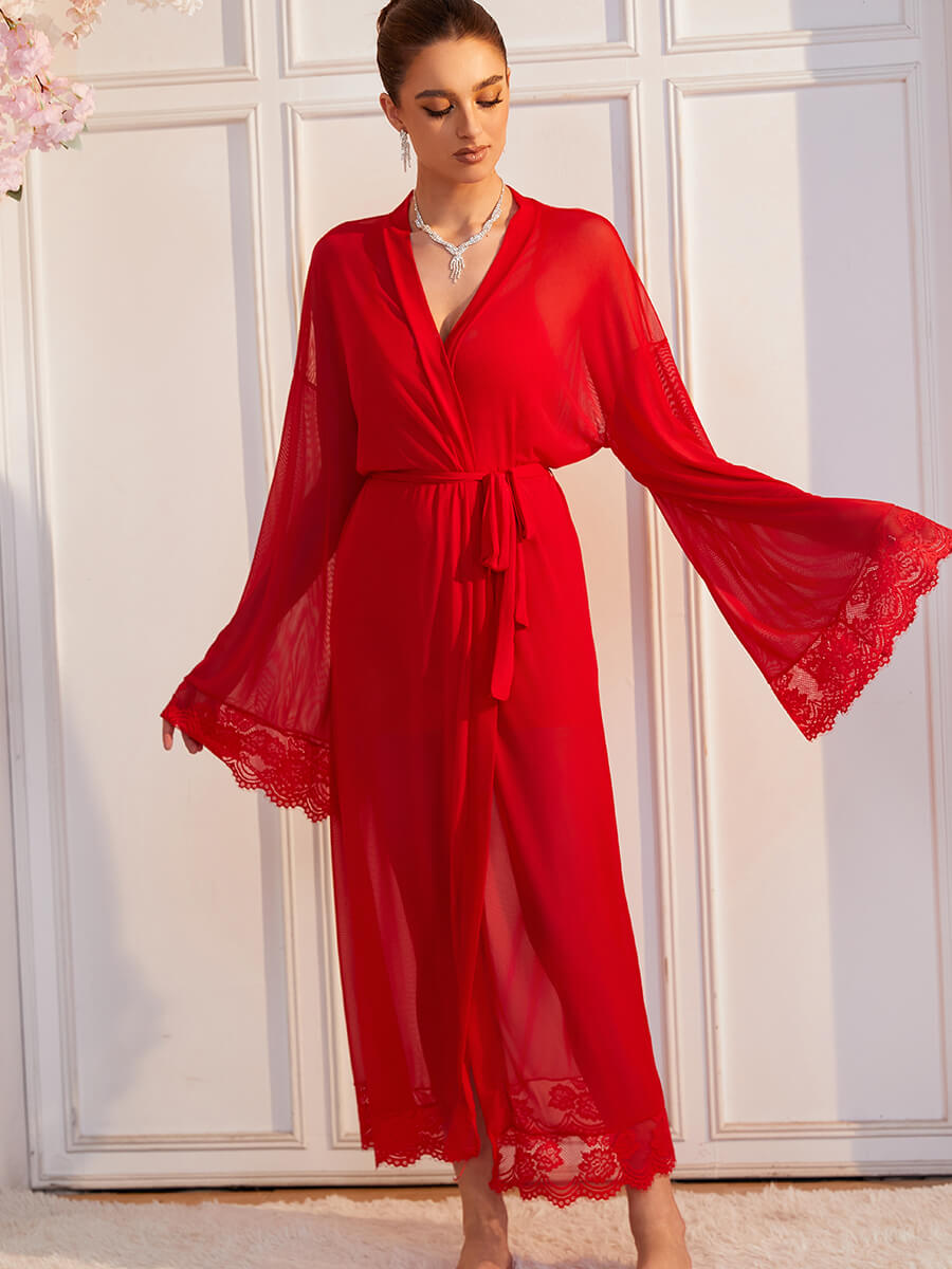 Sheer Lace Kimono Robe with Bell Sleeves