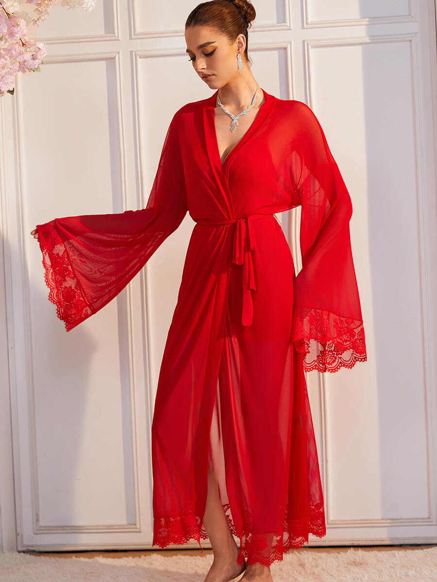 Sheer Lace Kimono Robe with Bell Sleeves