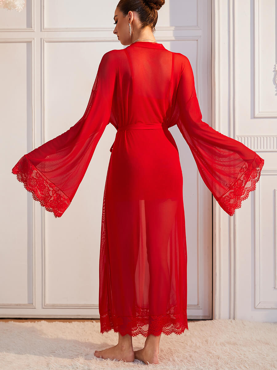 Sheer Lace Kimono Robe with Bell Sleeves