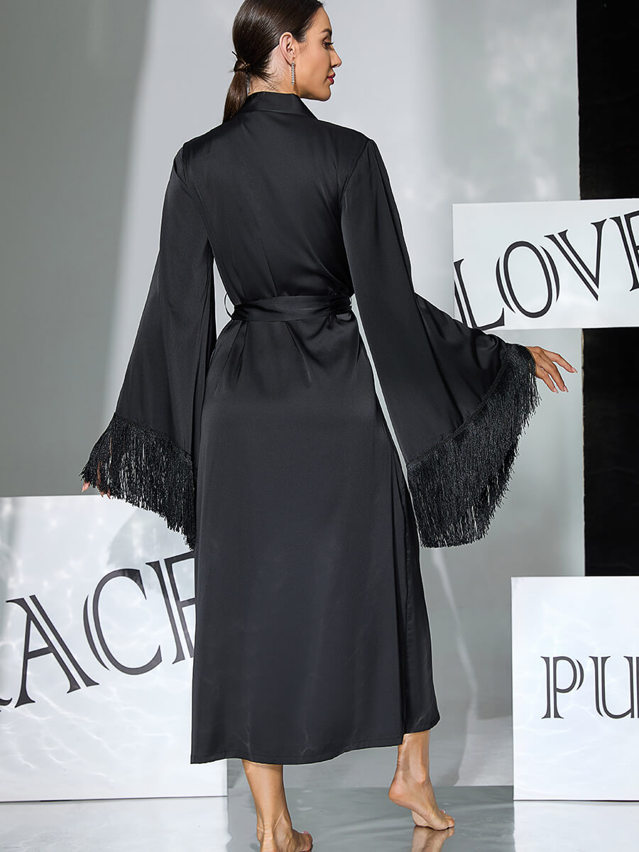 Satin Fringe Long Robe with Flare Sleeves