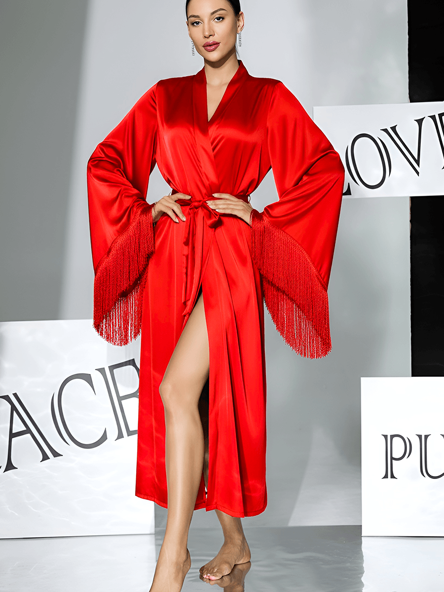 Satin Fringe Long Robe with Flare Sleeves