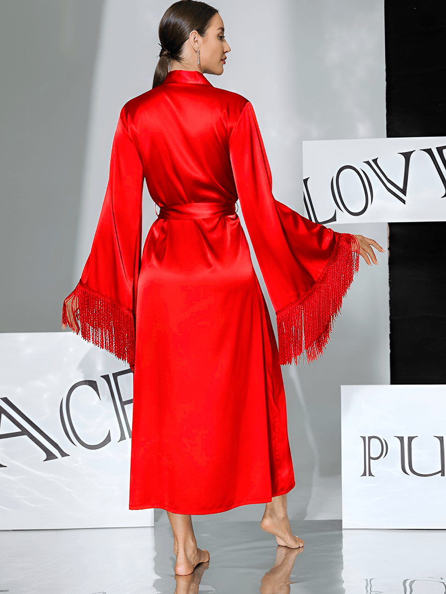 Satin Fringe Long Robe with Flare Sleeves