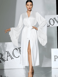 Satin Fringe Long Robe with Flare Sleeves