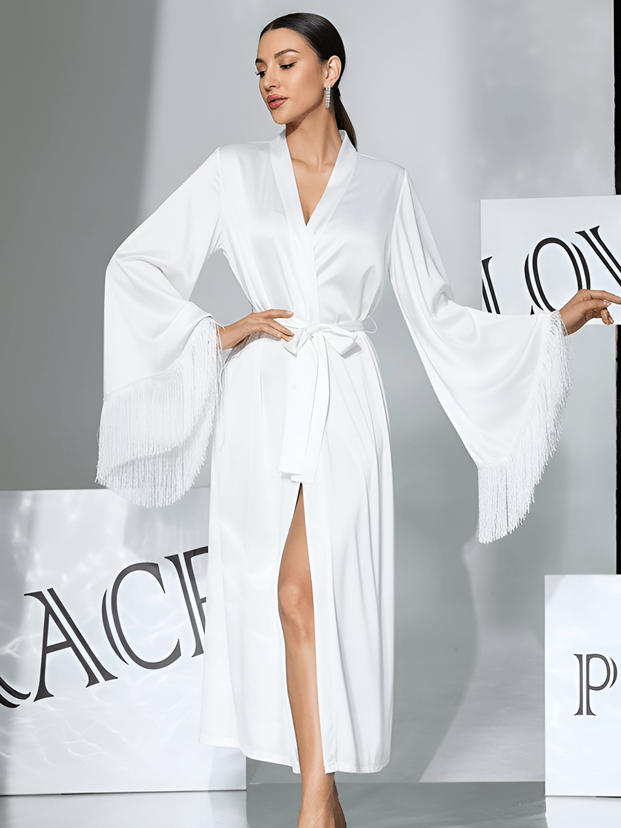 Satin Fringe Long Robe with Flare Sleeves