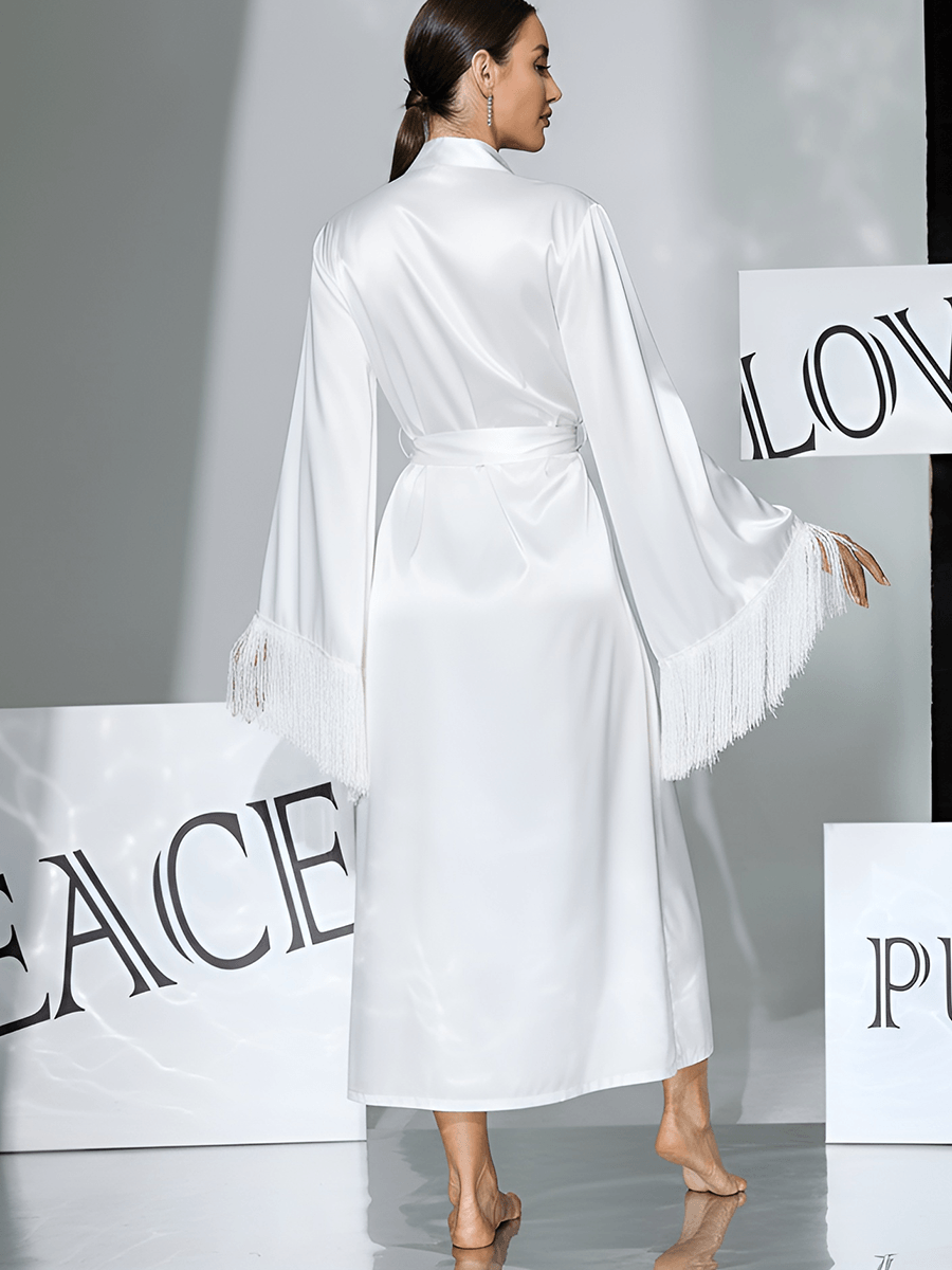 Satin Fringe Long Robe with Flare Sleeves