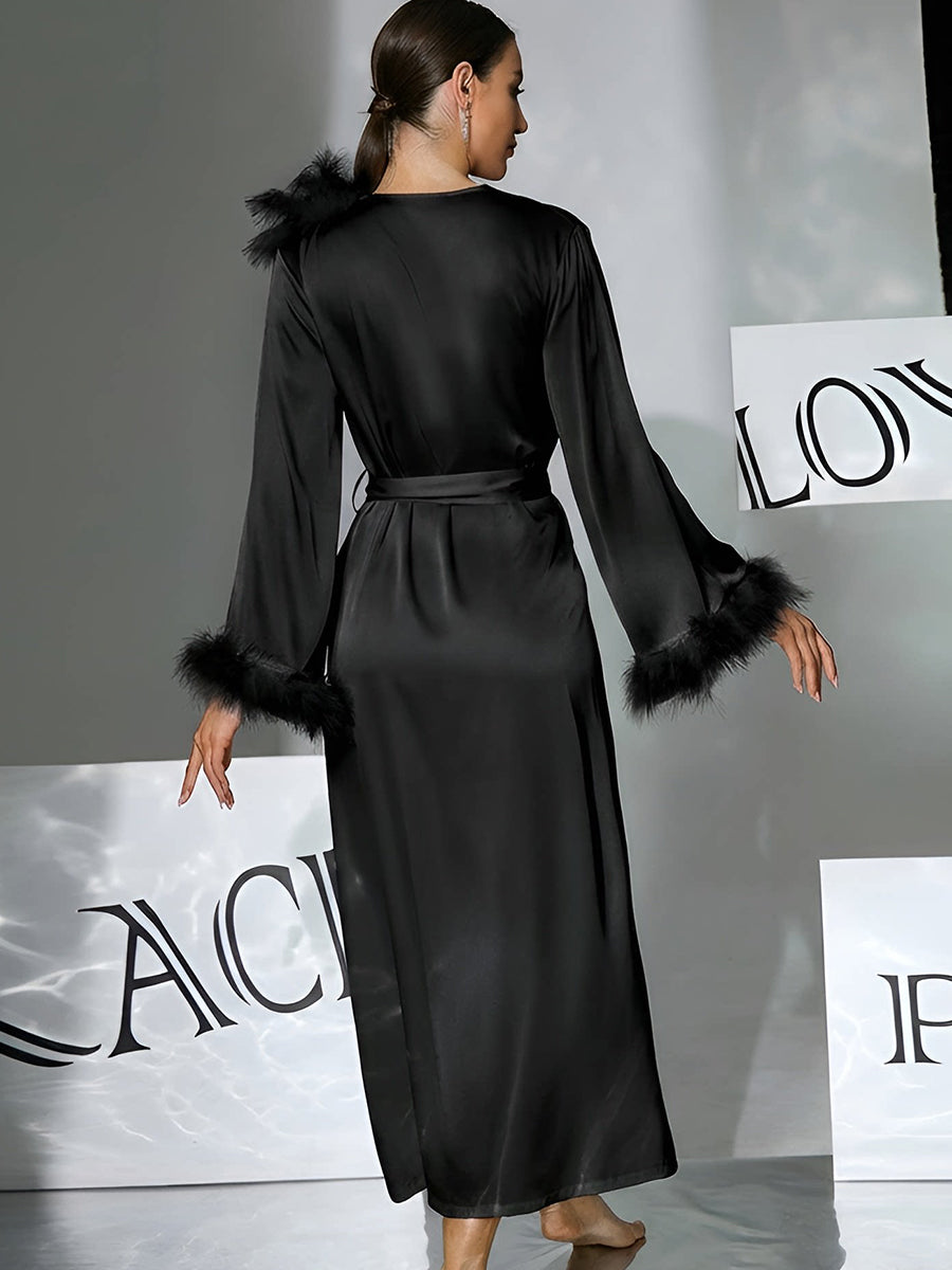Feather Trim Satin Long Robe