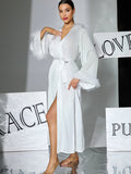 Feather Trim Satin Long Robe