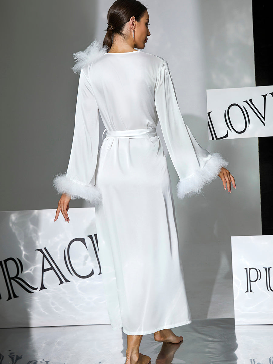 Feather Trim Satin Long Robe