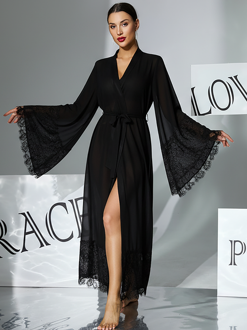 Chiffon Long Robe with Lace Flare Sleeves