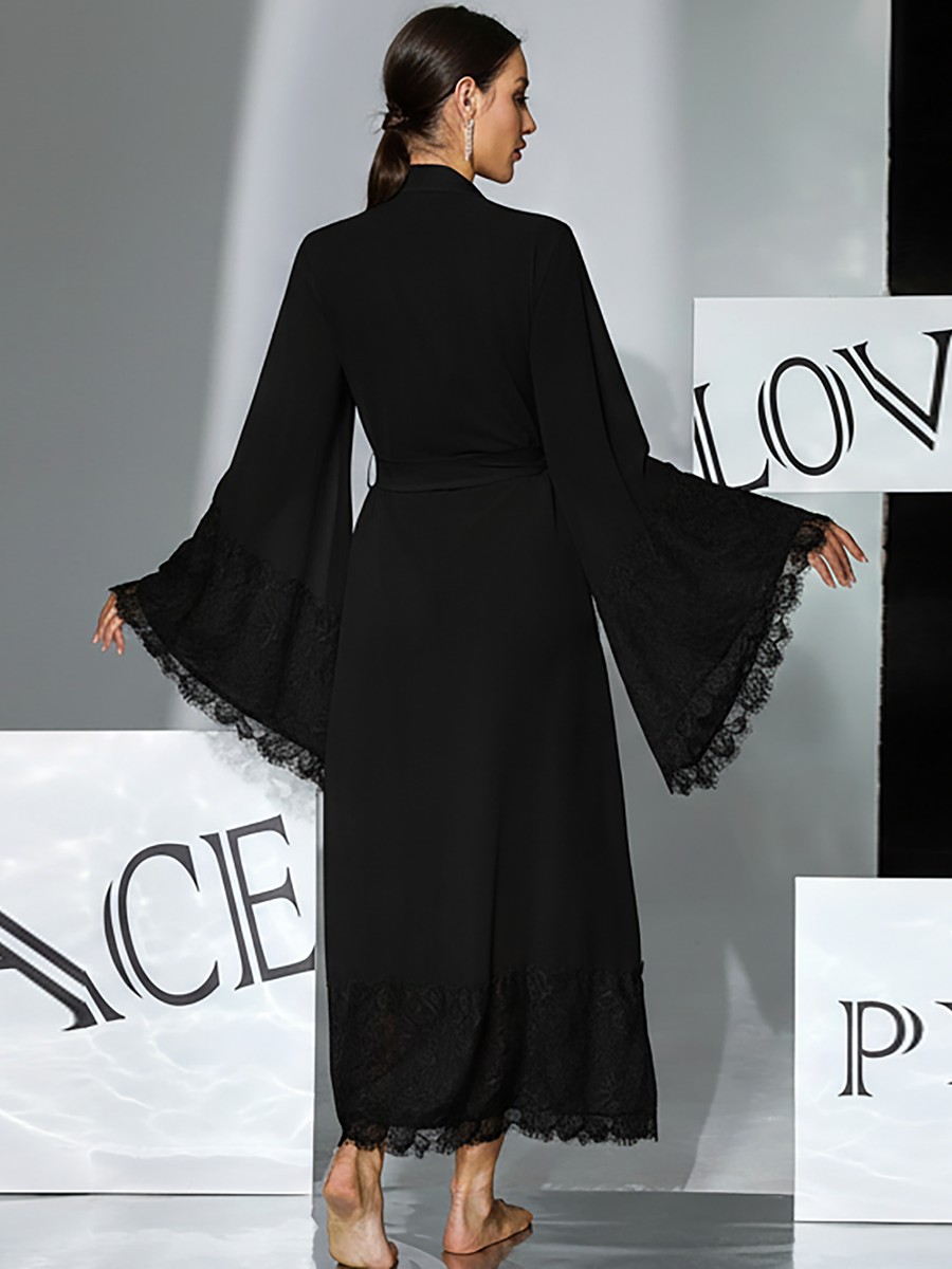 Chiffon Long Robe with Lace Flare Sleeves