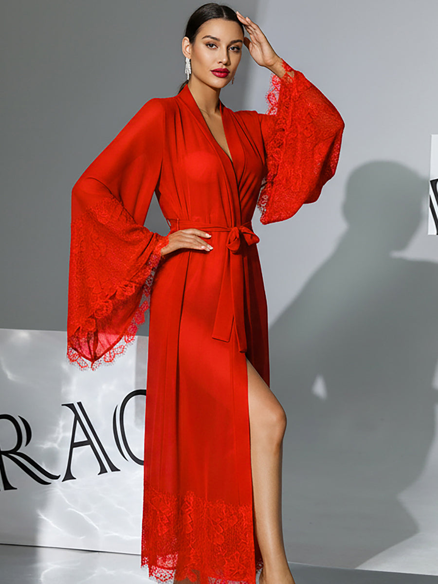 Chiffon Long Robe with Lace Flare Sleeves