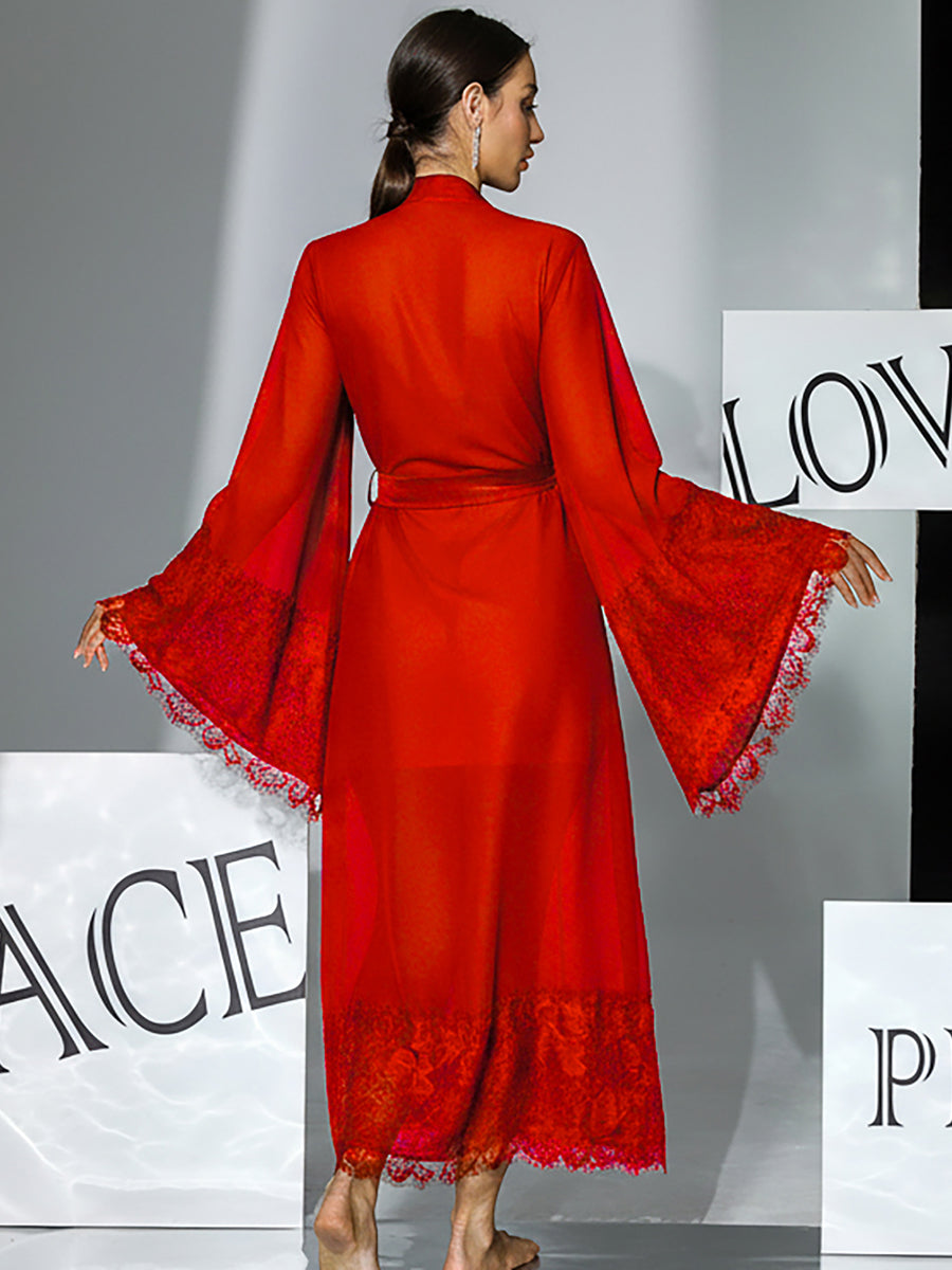 Chiffon Long Robe with Lace Flare Sleeves