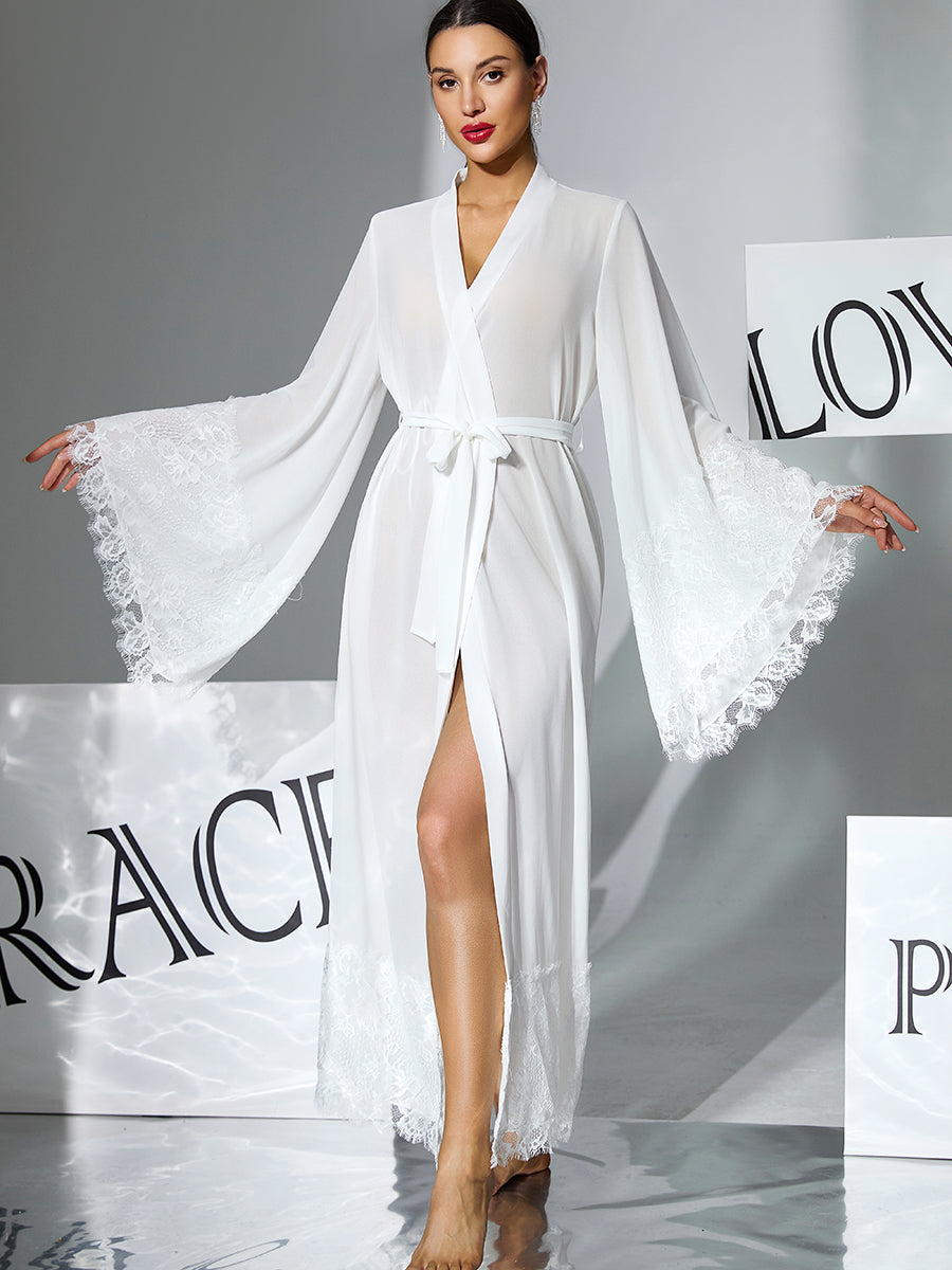 Chiffon Long Robe with Lace Flare Sleeves