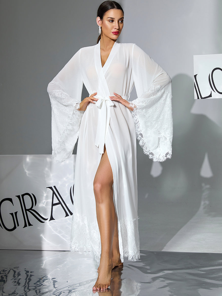 Chiffon Long Robe with Lace Flare Sleeves