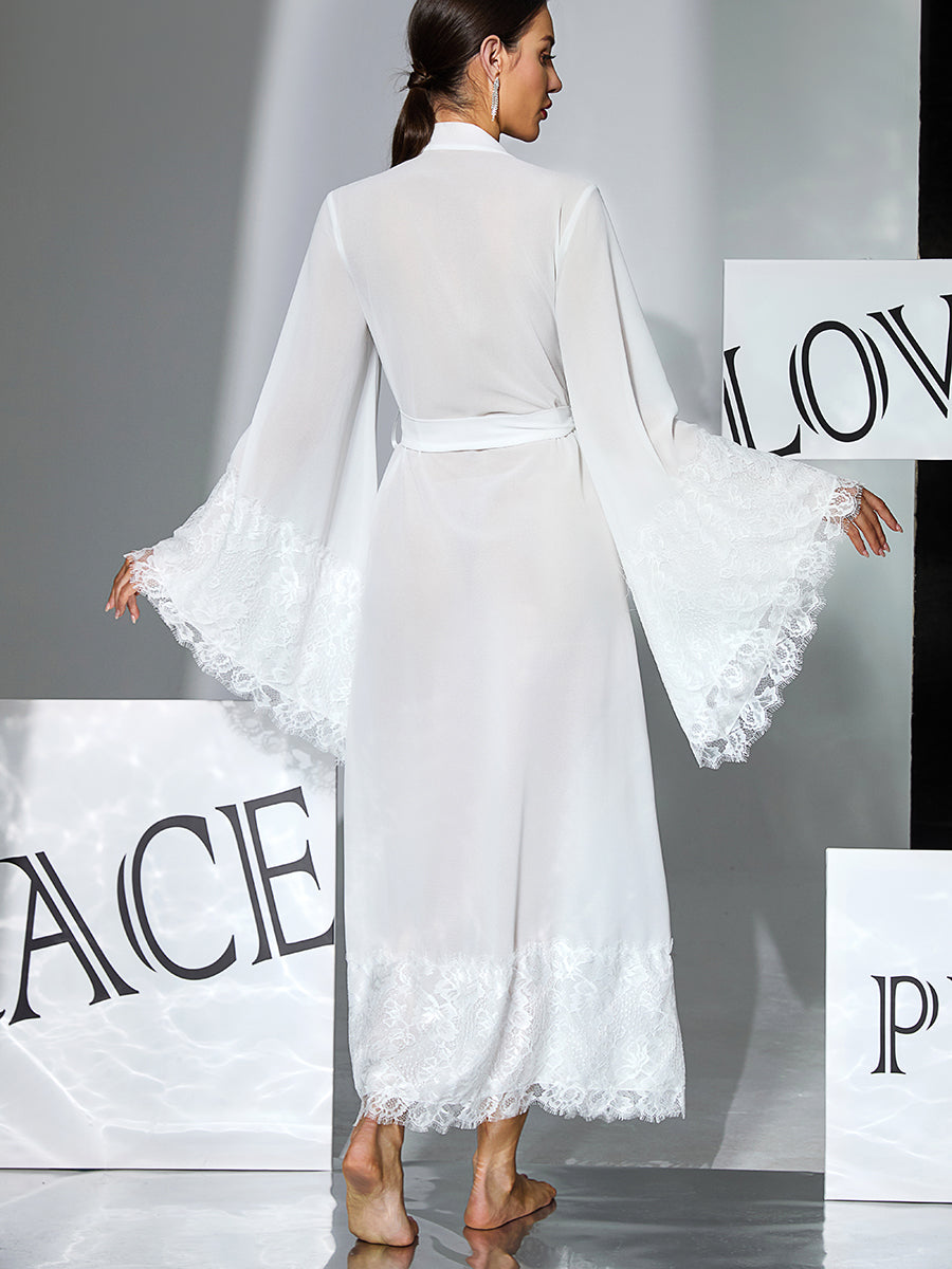 Chiffon Long Robe with Lace Flare Sleeves