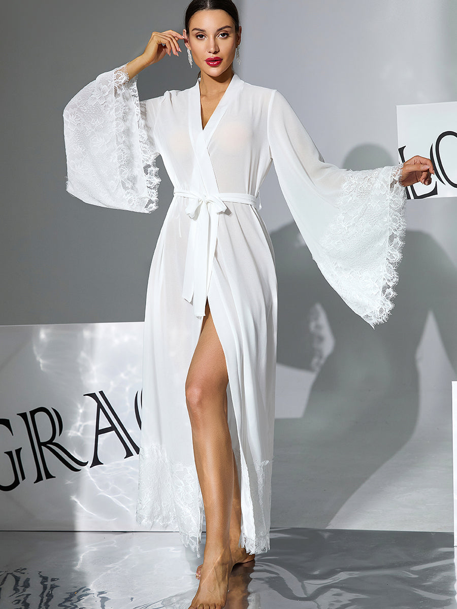 Chiffon Long Robe with Lace Flare Sleeves