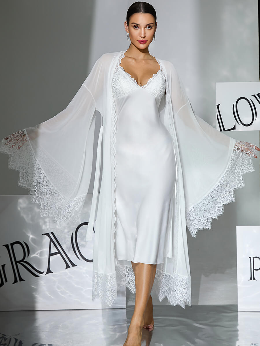 White Lace Trim Mesh Robe with Flare Sleeves