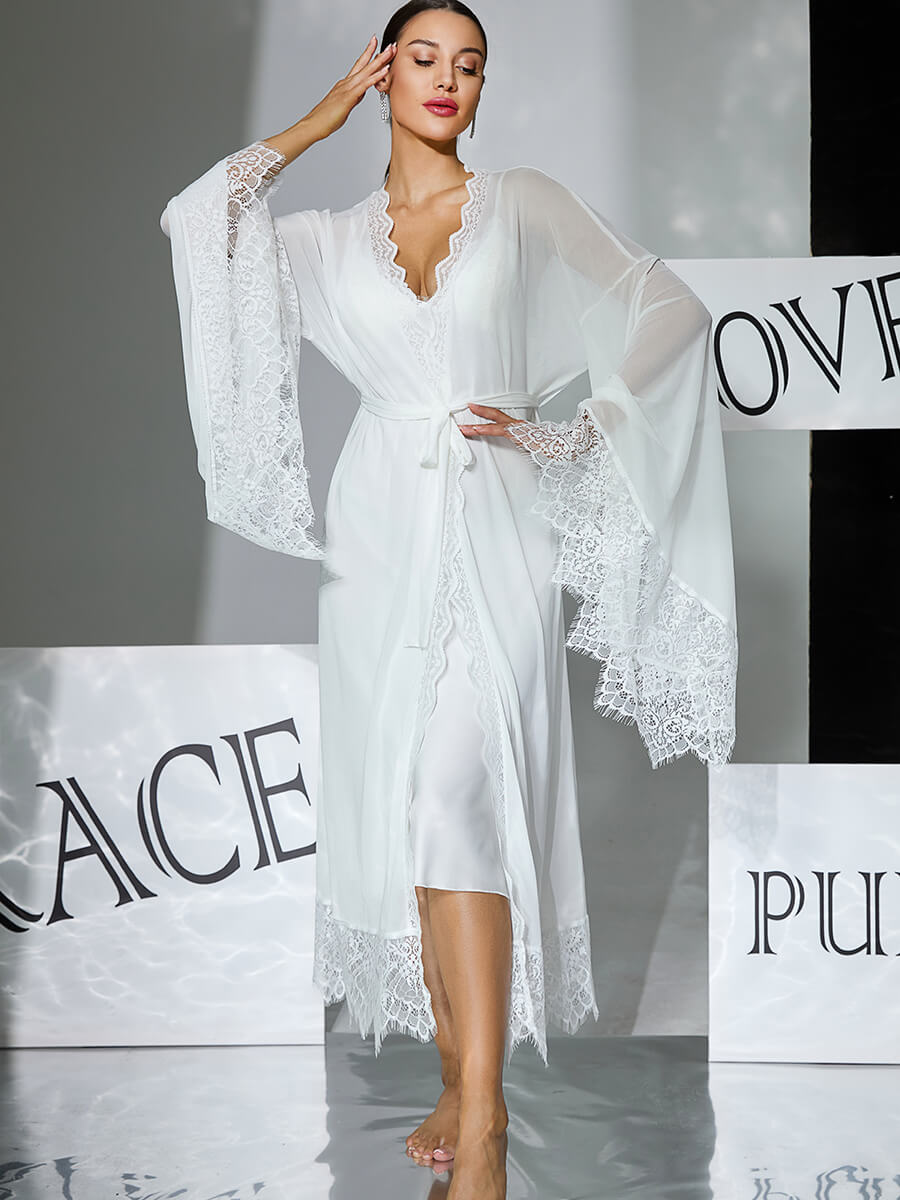 White Lace Trim Mesh Robe with Flare Sleeves